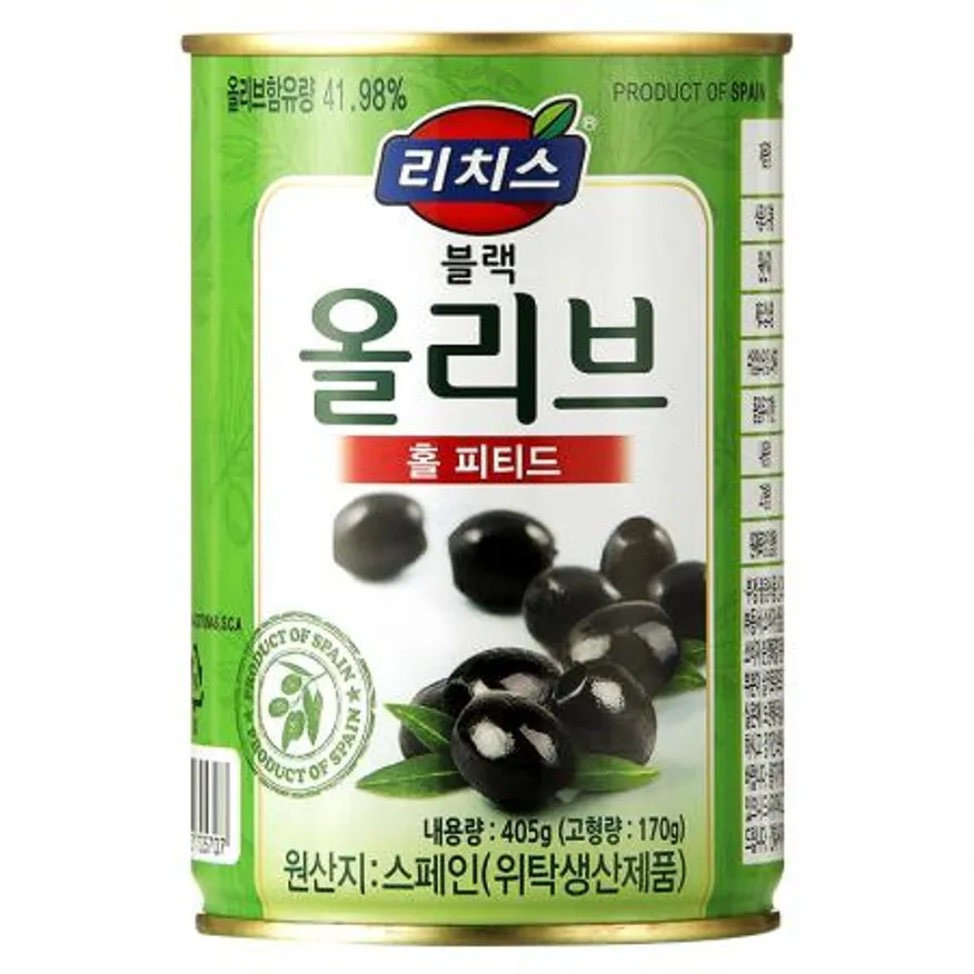 리치스 블랙올리브 홀 피티드 405g 피자 파스타 토핑 와인 맥주 안주 샐러드 드레싱 부드러운 식감 절임 절인 이미지