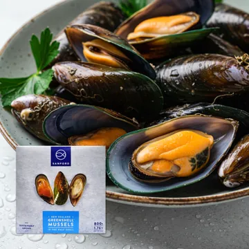 뉴질랜드 그린홍합 800g (반탈각,냉동,자숙 홍합,초록잎홍합)