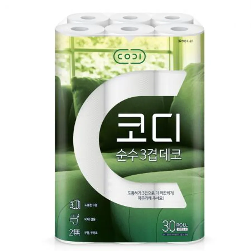 코디 순수 데코 3겹 30m 30롤 , 휴지 화장지 롤휴지 롤화장지 두루마리 이미지