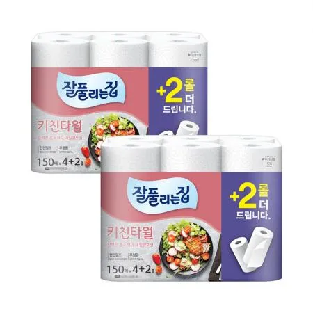 잘풀리는집 키친타올 150매 4+2롤 X 2개 이미지