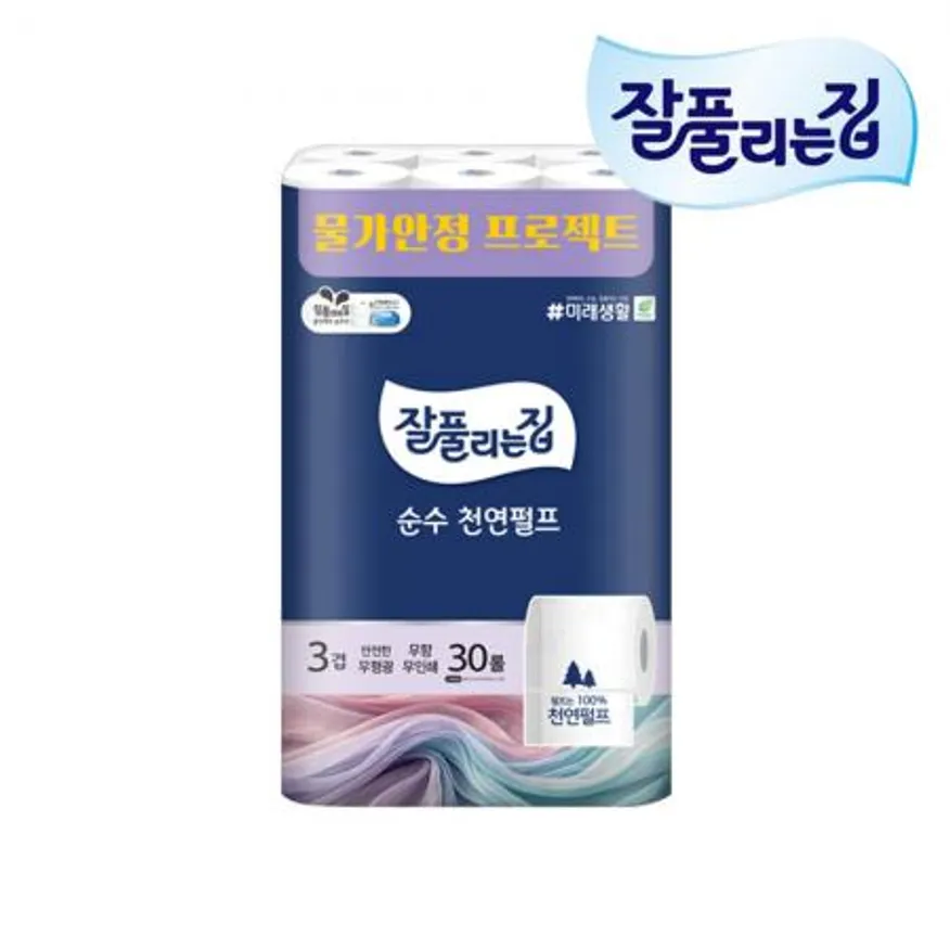 잘풀리는집 순수 천연펄프 3겹 두루마리 휴지 화장지 27M 30롤 이미지