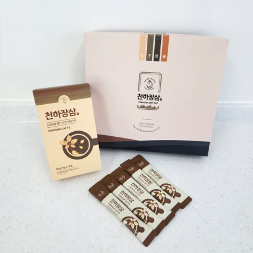 천하장삼 삼삼라떼: 국내산 산양삼 분말과 스마트팜에서 길러낸 새싹삼 분말로 만든 라떼스틱 이미지