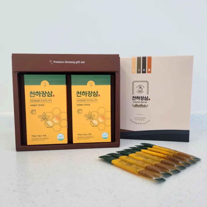 천하장삼 허니스틱: 달콤한 벌에 산양함 분말과 새싹삼 농축을 담은 진생 허니스틱 이미지