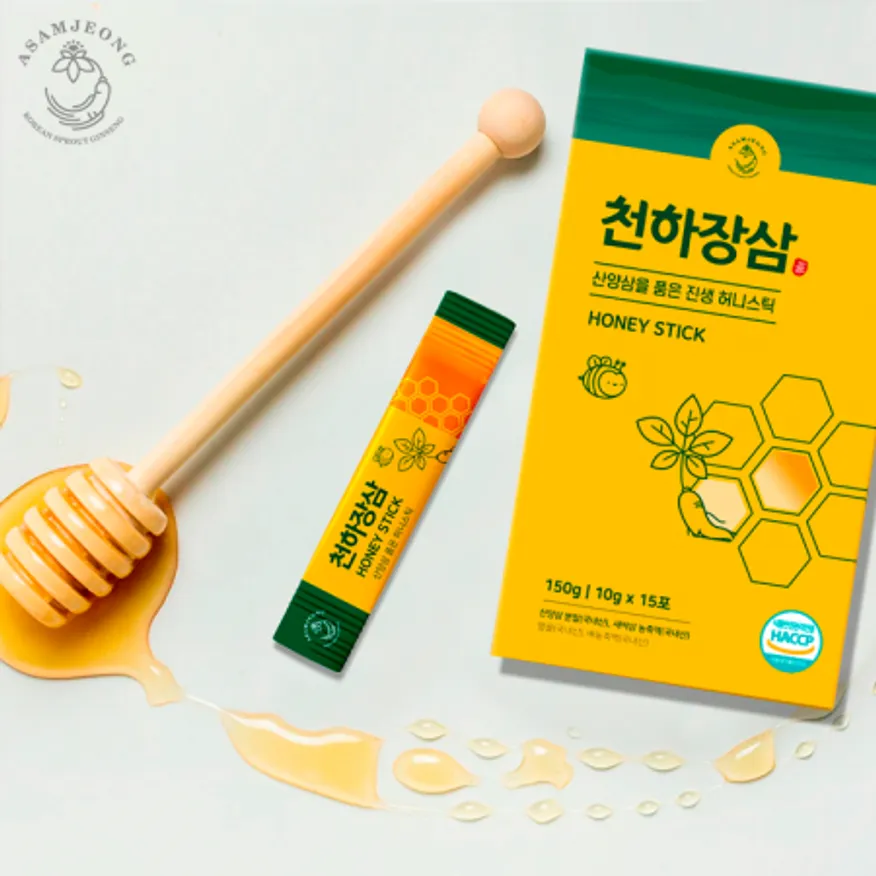 천하장삼 허니스틱: 달콤한 벌에 산양함 분말과 새싹삼 농축을 담은 진생 허니스틱 이미지