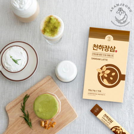 천하장삼 삼삼라떼: 국내산 산양삼 분말과 스마트팜에서 길러낸 새싹삼 분말로 만든 라떼스틱