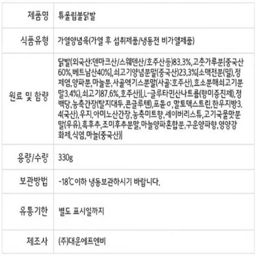 튤립 불닭발 330g 튤립닭발 닭발 매운닭발 술안주 야식 포차메뉴 간편식 업소용 냉동닭발 이미지