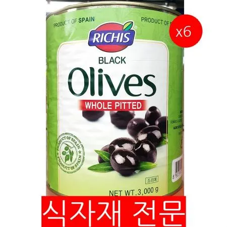 올리브(리치스 블랙 홀 피티드 3K)X6 샐러드바 파스타재료 이탈리안레스토랑 피자토핑 식자재 블랙올리브 홀올리브 피클 지중해식 재료