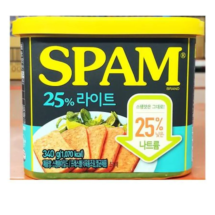 스팸 햄캔(25프로 라이트 340g) 가정용 햄 캠핑 음식 간편 반찬 부대찌개 재료 명절 선물 캔햄 런천미트 돼지고기 이미지