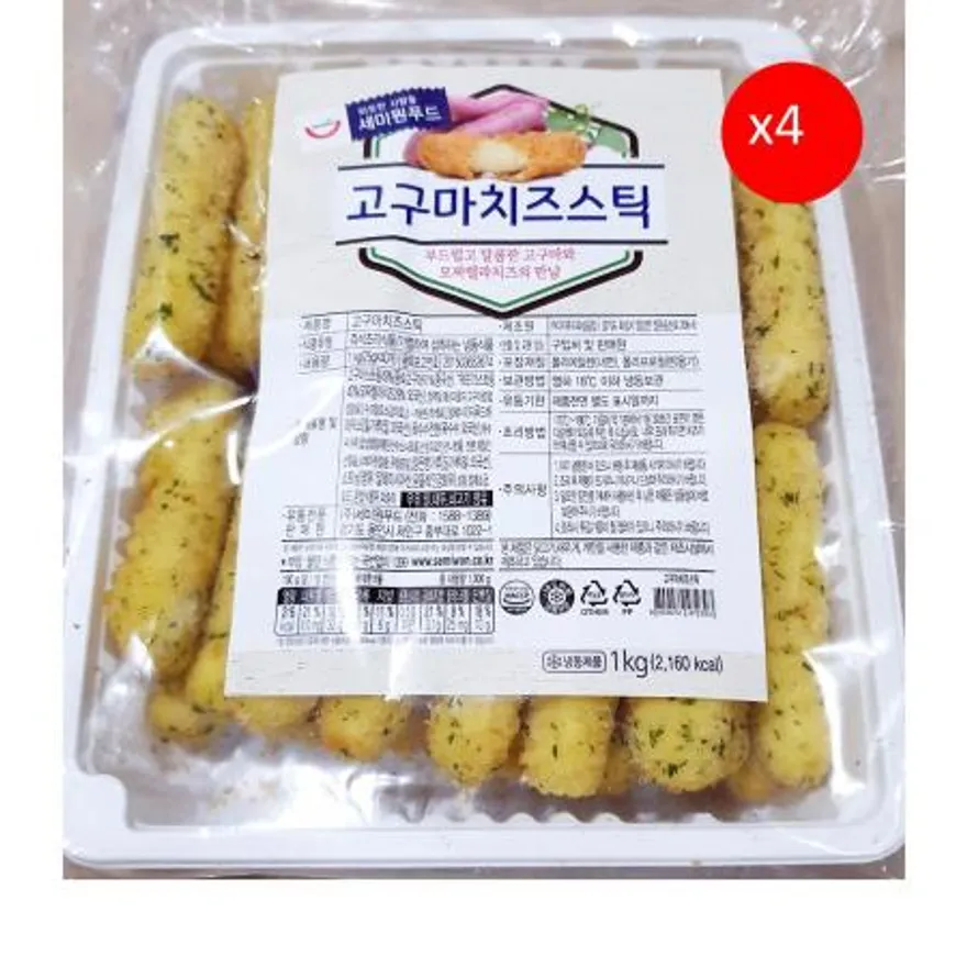 에스테이블 고구마치즈스틱(25g x40개 1k) X4 에스테이블고구마치즈스틱 냉동고구마치즈스틱 치즈스틱 카페메뉴 호프집안주 pc방간식 분식메뉴 튀김간식 사이드메뉴 이미지