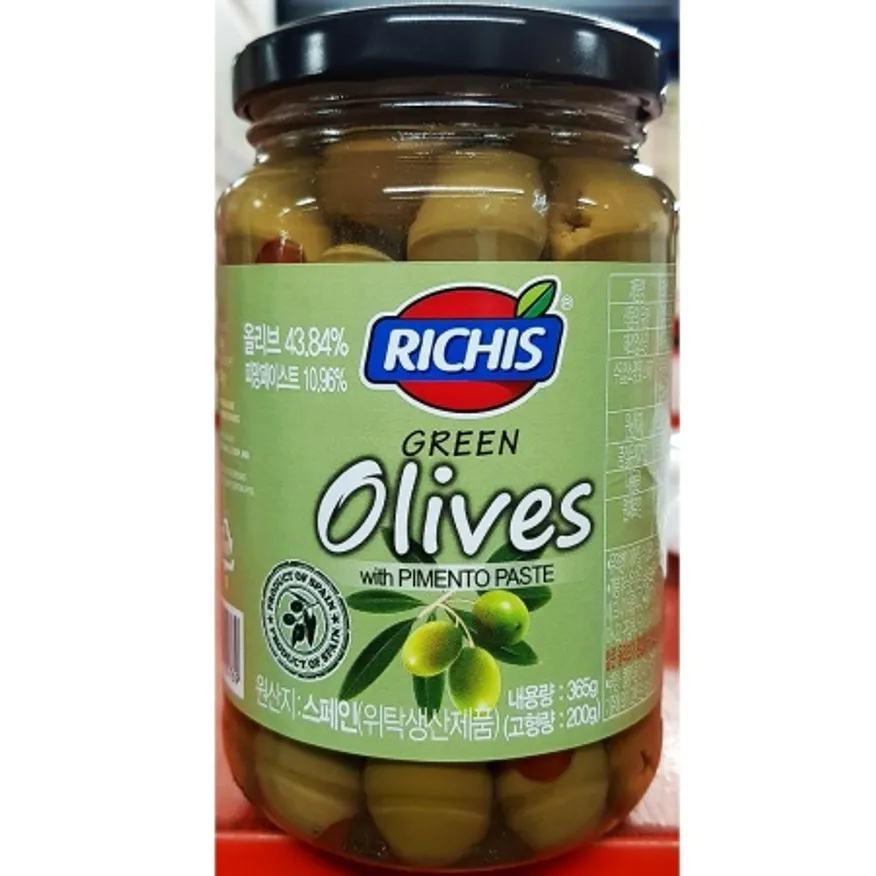 리치스 그린 올리브 360g X12 병에 담긴 통올리브 이미지