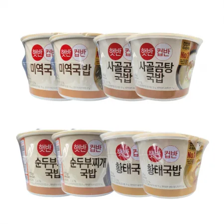 CJ 햇반 국물 컵반 4종 2개입 1세트 (미역국밥, 사골국밥, 순두부찌개국밥, 황태국밥) 