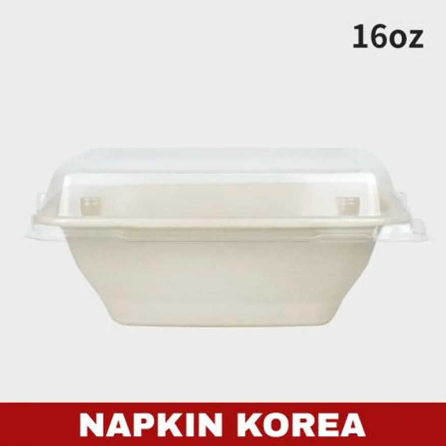 정사각 펄프용기 16온스 (용기+PET뚜껑) 세트 300개입 이미지