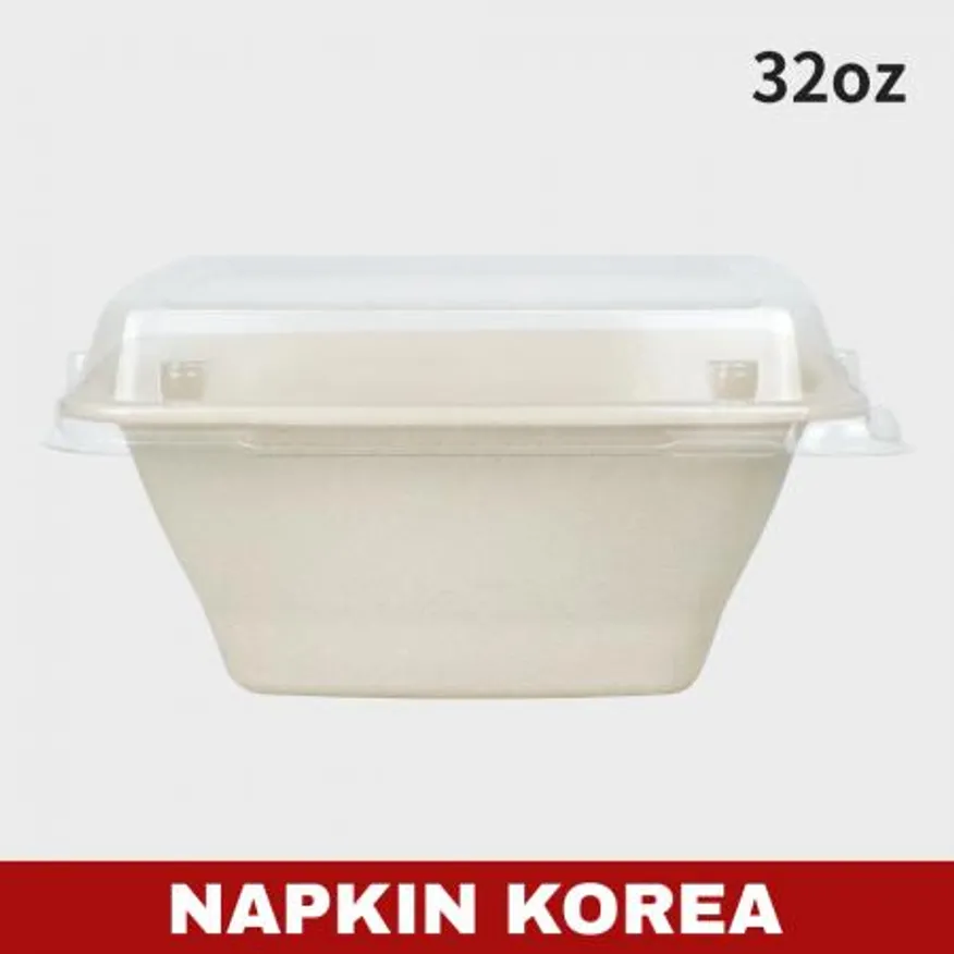 정사각 펄프용기 32온스 (용기+PET뚜껑) 세트 300개입 이미지