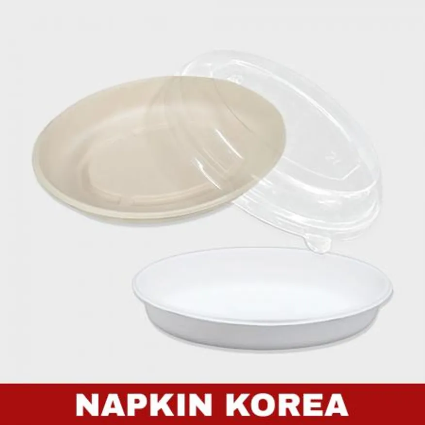 타원 펄프용기 OB18 화이트 (용기+PET뚜껑) 세트 300개입 이미지