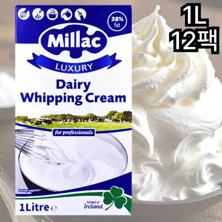 [12개] 밀락 데어리럭셔리 동물성 휘핑크림 조지방 38% 1L 냉장 유크림
