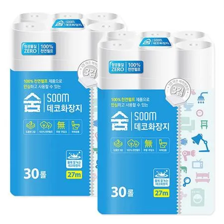 숨 데코 화장지 3겹 27m 30롤 2팩 휴지 화장지