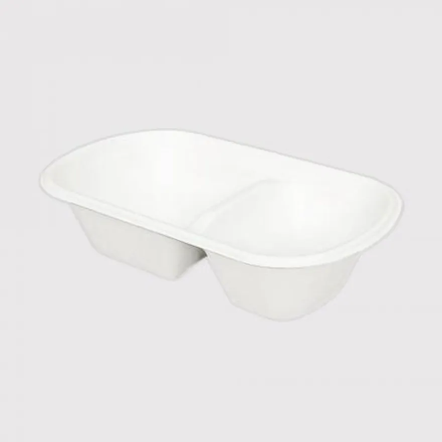 B-047 분리형 펄프 2칸 타원용기 일회용도시락 화이트 500개입 (뚜껑 별도) 이미지