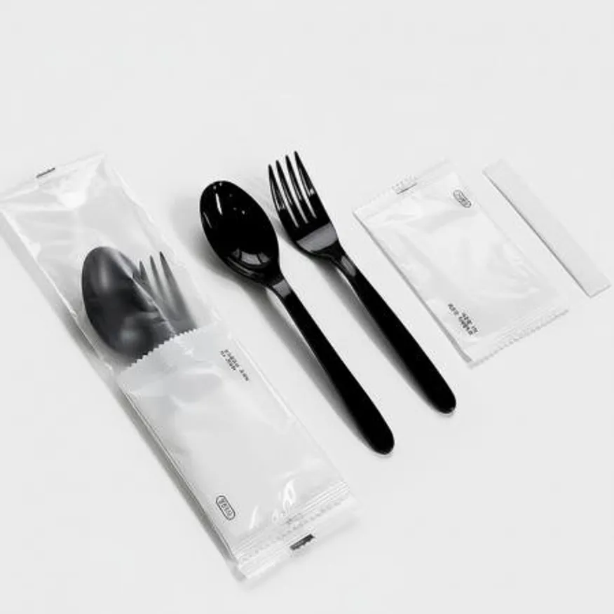 4종 숟가락 포크 물티슈 이쑤시개 세트 (반투명 무지) 검정 400개 이미지