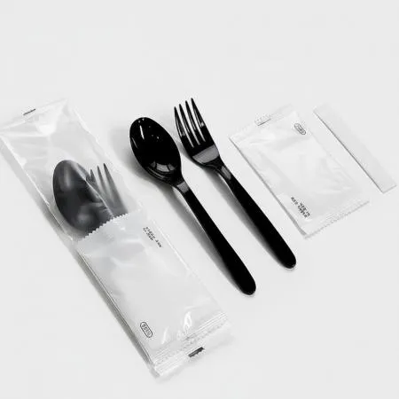 4종 숟가락 포크 물티슈 이쑤시개 세트 (반투명 무지) 검정 400개 이미지