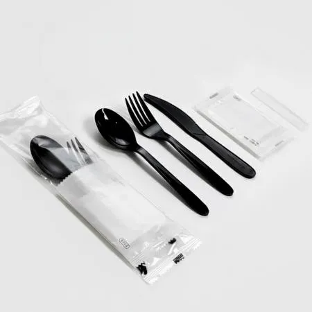 5종 숟가락 포크 나이프 물티슈 이쑤시개 세트 (반투명 무지) 검정 400개 이미지