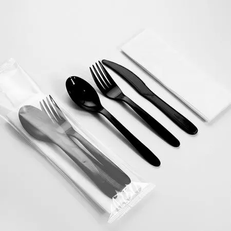 4종 숟가락 포크 나이프 냅킨 세트 (반투명 무지) 검정 400개 이미지