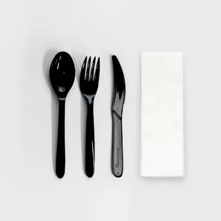 4종 숟가락 포크 나이프 냅킨 세트 (반투명 무지) 검정 400개 이미지