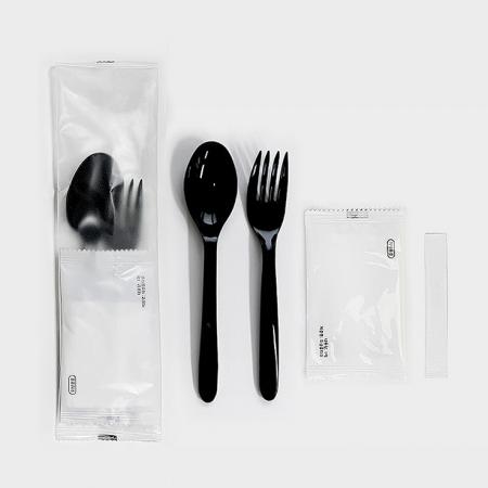 4종 숟가락 포크 물티슈 이쑤시개 세트 (반투명 무지) 검정 400개