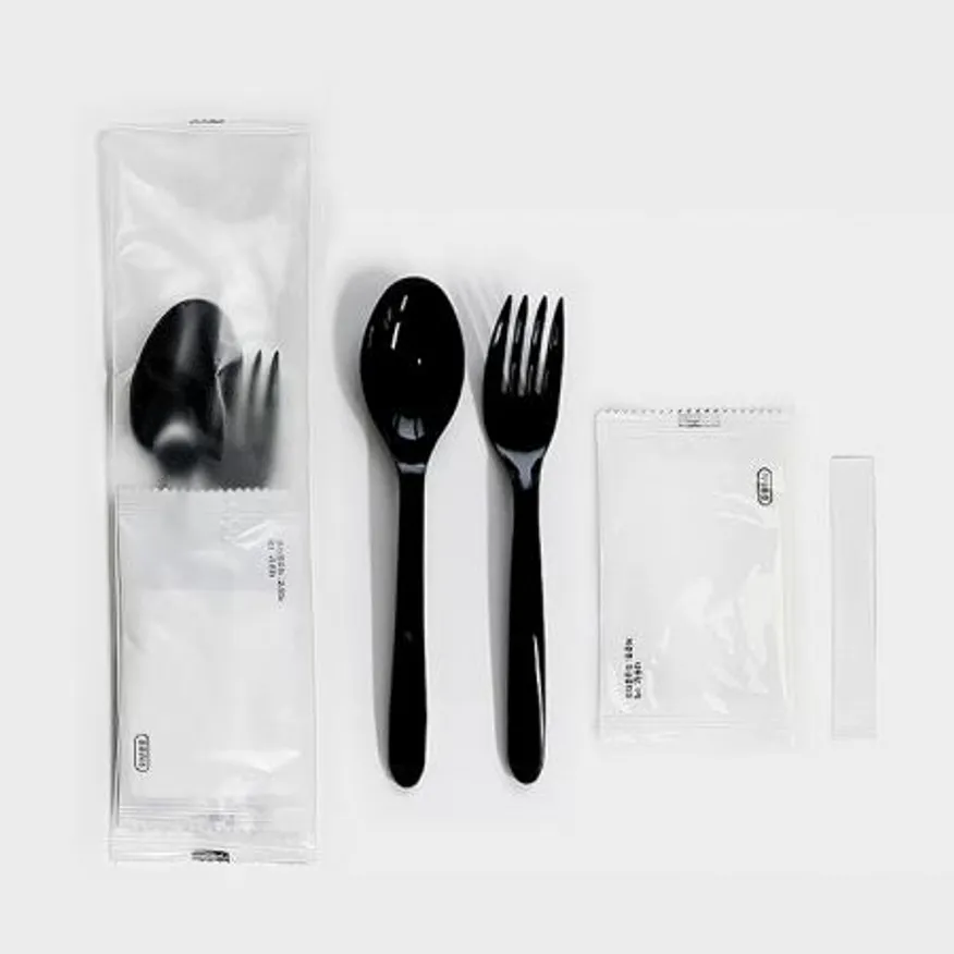 4종 숟가락 포크 물티슈 이쑤시개 세트 (반투명 무지) 검정 400개 이미지