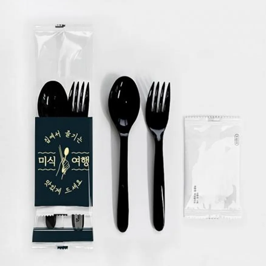 3종 숟가락 포크 물티슈 세트 (투명 미식여행) 검정 500개 이미지
