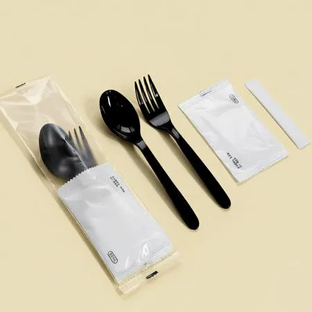 4종 숟가락 포크 물티슈 이쑤시개 세트 (반투명 무지) 검정 400개 이미지