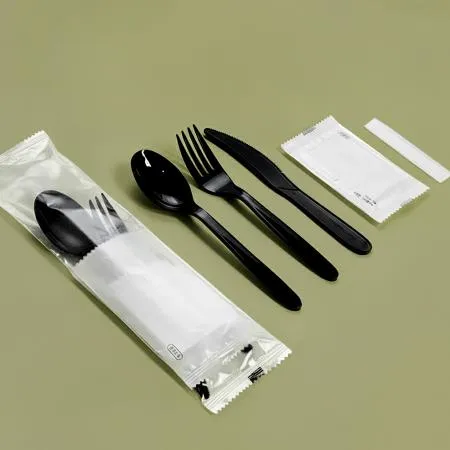 5종 숟가락 포크 나이프 물티슈 이쑤시개 세트 (반투명 무지) 검정 400개 이미지
