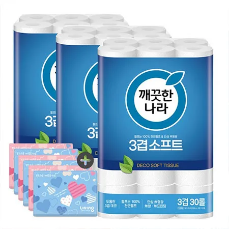깨끗한나라 화장지 3겹 소프트 27m 30롤 3팩 + 여행용티슈 40매 6개