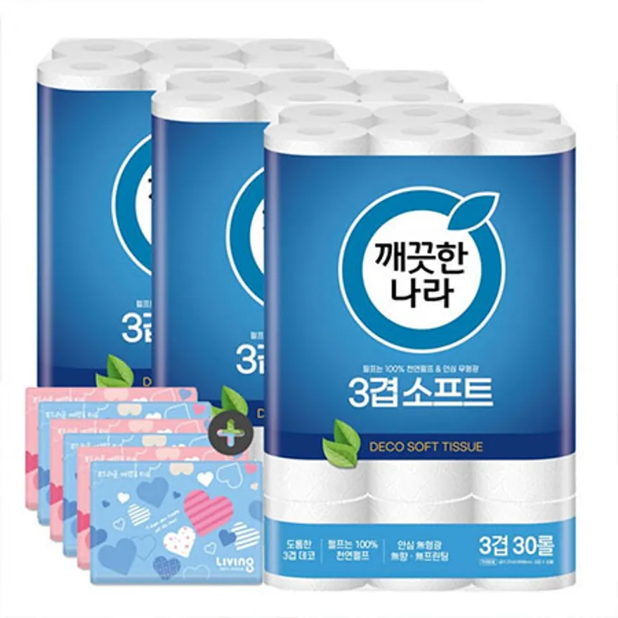 깨끗한나라 화장지 3겹 소프트 27m 30롤 3팩 + 여행용티슈 40매 6개 이미지