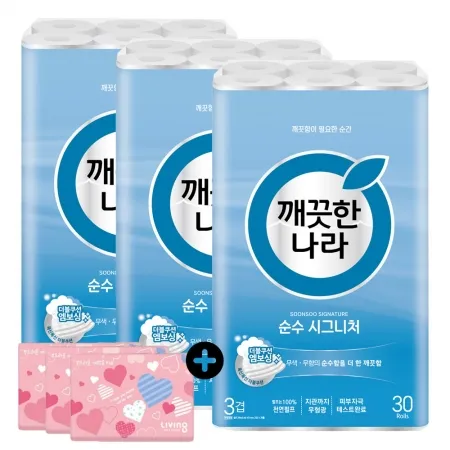 깨끗한나라 화장지 순수 시그니처 화장지 28m 30롤 3팩 + 여행용티슈 40매 6개