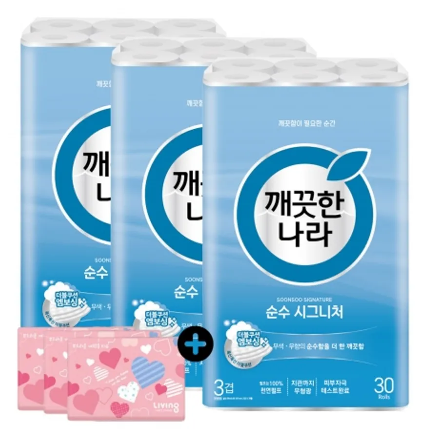 깨끗한나라 화장지 순수 시그니처 화장지 28m 30롤 3팩 + 여행용티슈 40매 6개 이미지