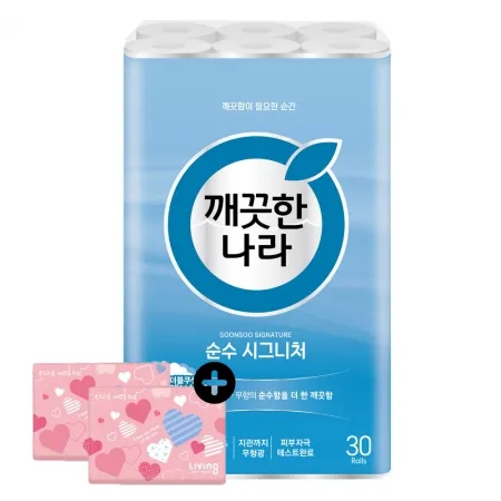 깨끗한나라 화장지 순수 시그니처 화장지 28m 30롤 1팩 + 여행용티슈 40매 2개