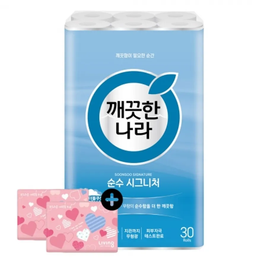 깨끗한나라 화장지 순수 시그니처 화장지 28m 30롤 1팩 + 여행용티슈 40매 2개 이미지