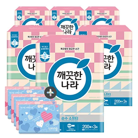 깨끗한나라 미용티슈 순수 소프티 200매 3입 6팩 + 여행용티슈 40매 6개