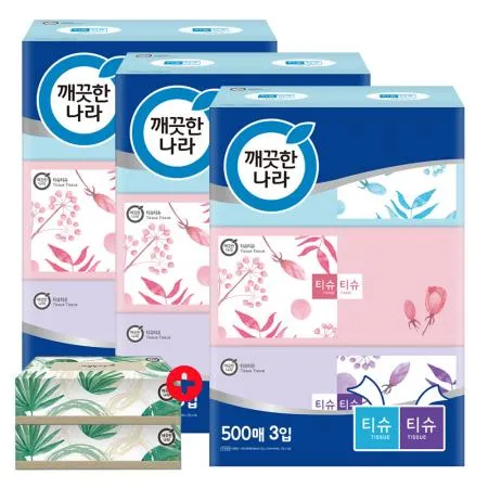 깨끗한나라 티슈티슈 미용티슈 500매 3입 3팩 + 미용티슈 70매 2개