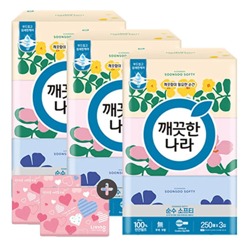 깨끗한나라 미용티슈 순수 소프티 250매 3입 3팩 + 여행용티슈 40매 2개 이미지