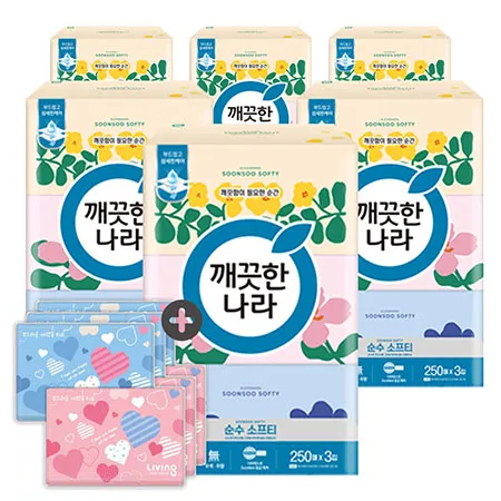 깨끗한나라 미용티슈 순수 소프티 250매 3입 6팩 + 여행용티슈 40매 6개