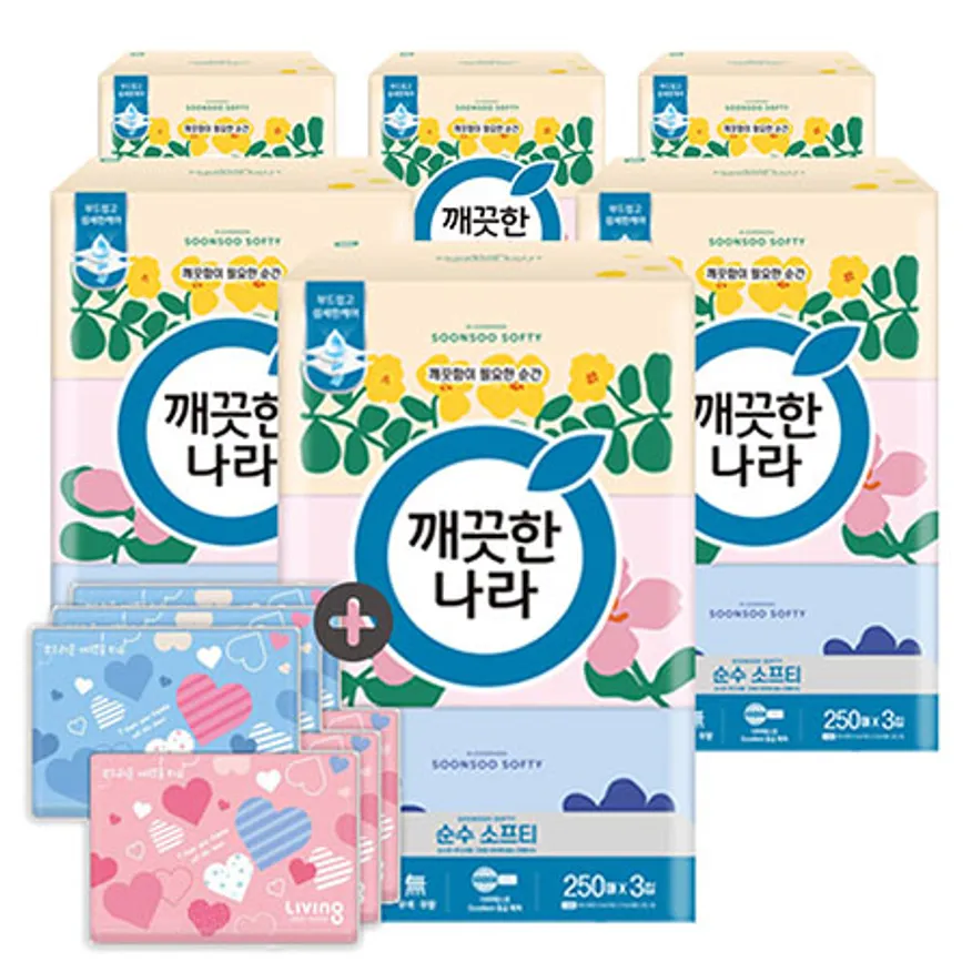 깨끗한나라 미용티슈 순수 소프티 250매 3입 6팩 + 여행용티슈 40매 6개 이미지