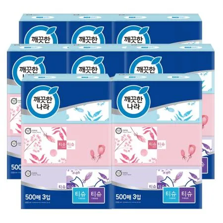 깨끗한나라 티슈티슈 미용티슈 500매 3입 8팩