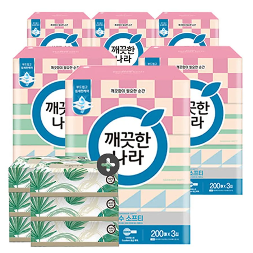 깨끗한나라 미용티슈 순수 소프티 200매 3입 6팩 + 미용티슈 70매 6개 이미지