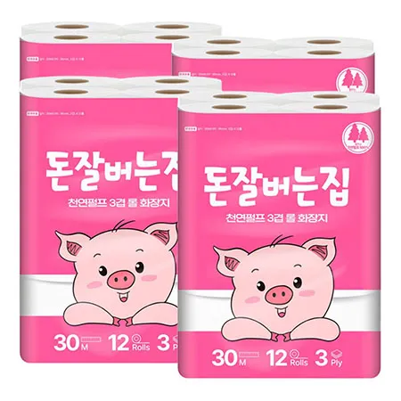 삼정펄프 3겹 돈잘버는집 화장지 30m 12롤 4개