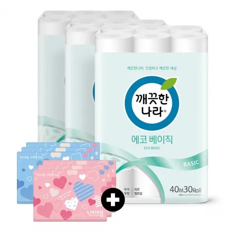 깨끗한나라 화장지 에코 베이직 40m 30롤 3팩 + 여행용티슈 40매 6개