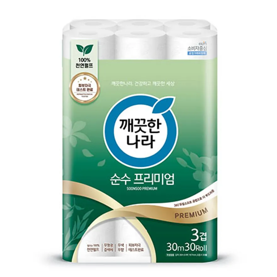 깨끗한나라 화장지 3겹 순수프리미엄 30m 30롤 1팩 이미지