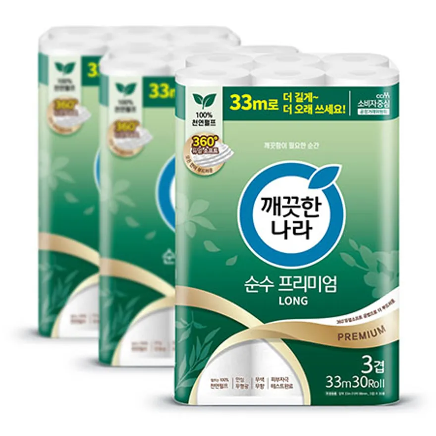 깨끗한나라 화장지 3겹 순수프리미엄 33m 30롤 3팩 이미지