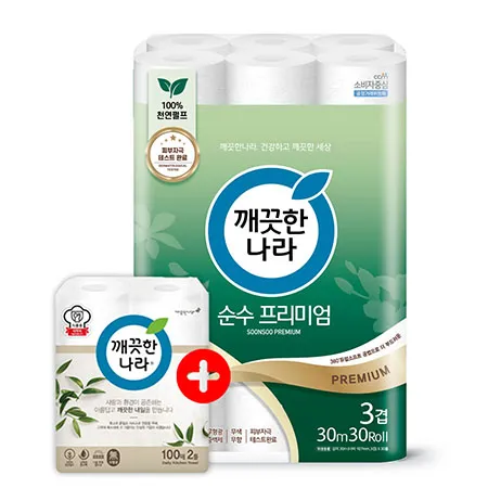깨끗한나라 화장지 3겹 순수프리미엄 30m 30롤 1팩 + 키친타올 100매 2롤