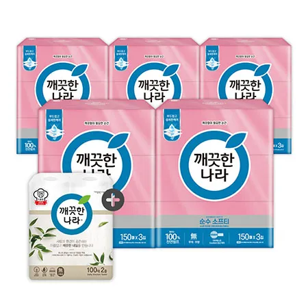 깨끗한나라 미용티슈 순수 소프티 150매 3입 5팩 + 키친타올 100매 2롤